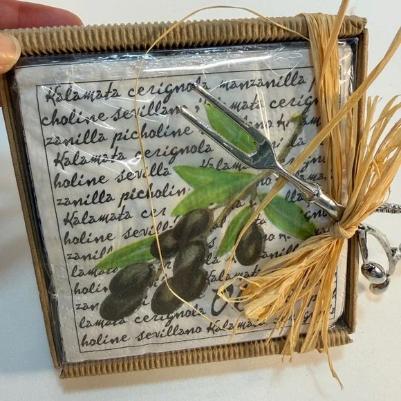 Mud Pie Olive Napkin Set Silver Olive Branch Fork Server Rustic Party Dinner NEW - Picture 5 of 7